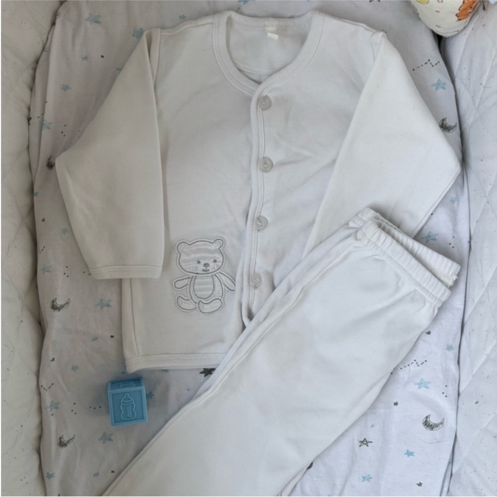 ⭒ 12M Formal Wedding Baptism White Long Sleeve Pants Silver Bear Button-Up ⭒
